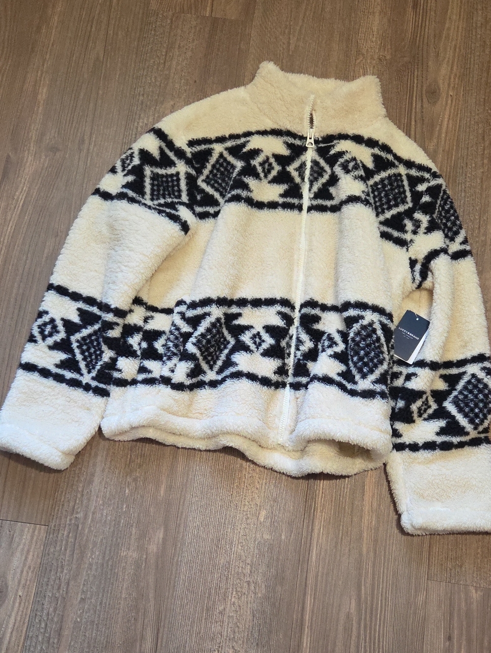 Lucky Brand Cream and Black Patterned Sherpa Zip-Up Sweater